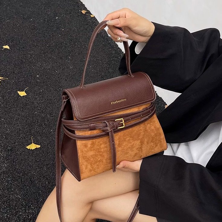 2025新款撞色麂皮手提包女高级感百搭轻奢单肩斜挎包双肩包凯莉包