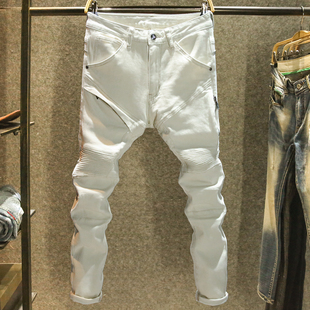 米白色欧美机车牛仔裤男款高街修身弹力长裤ins潮牌拼接拉链裤子