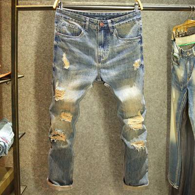 大破洞乞丐裤美式复古宽松牛仔裤