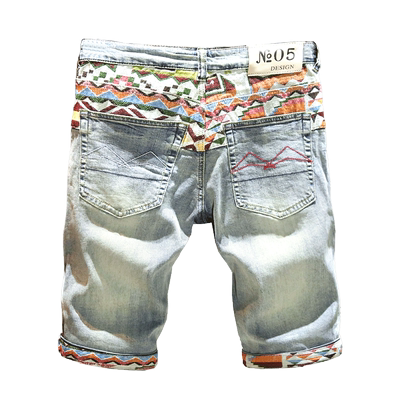 潮牌刺绣牛仔短裤破洞休闲五分裤
