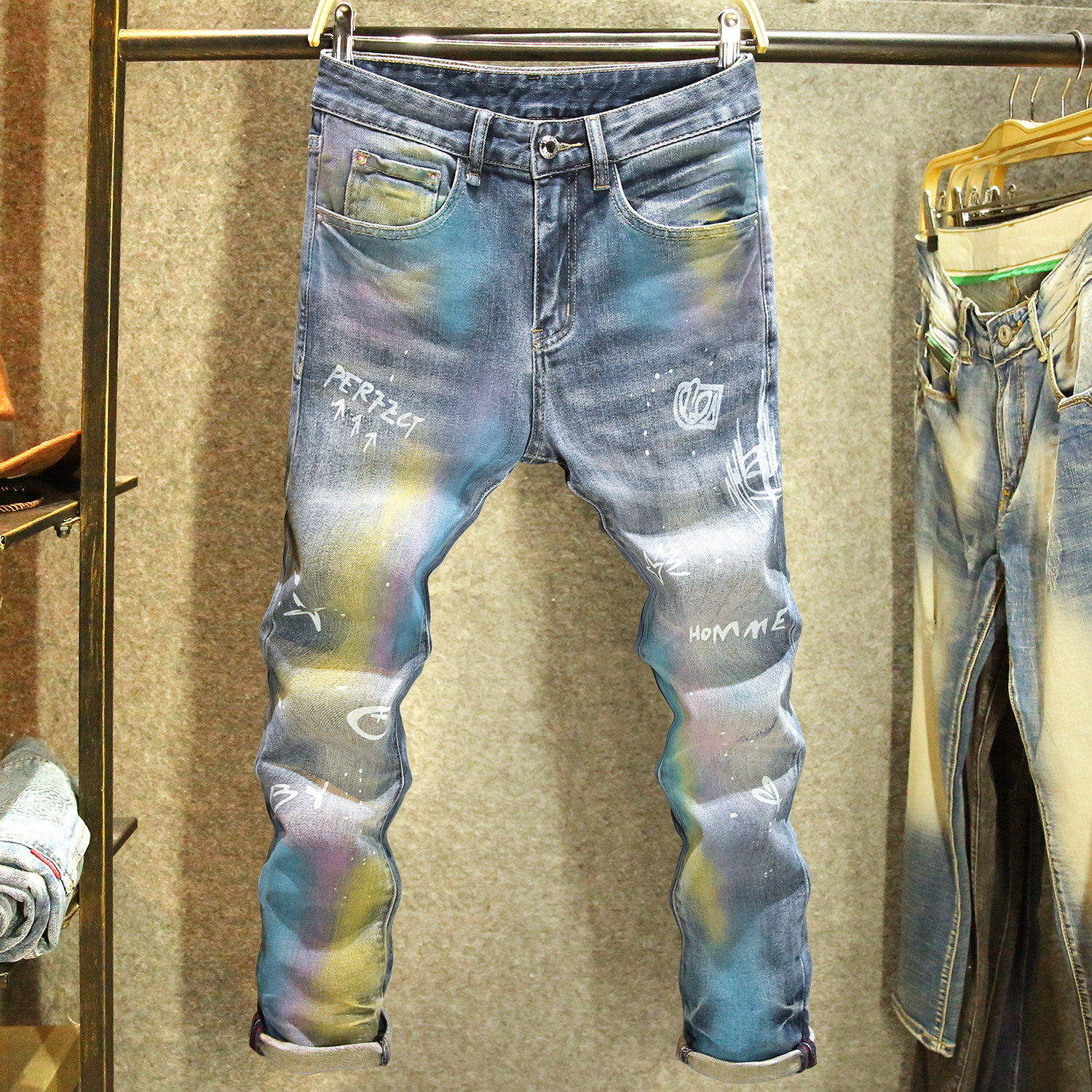 原创设计师款色彩涂鸦牛仔裤男修身小直筒裤子街头痞帅潮流长裤子