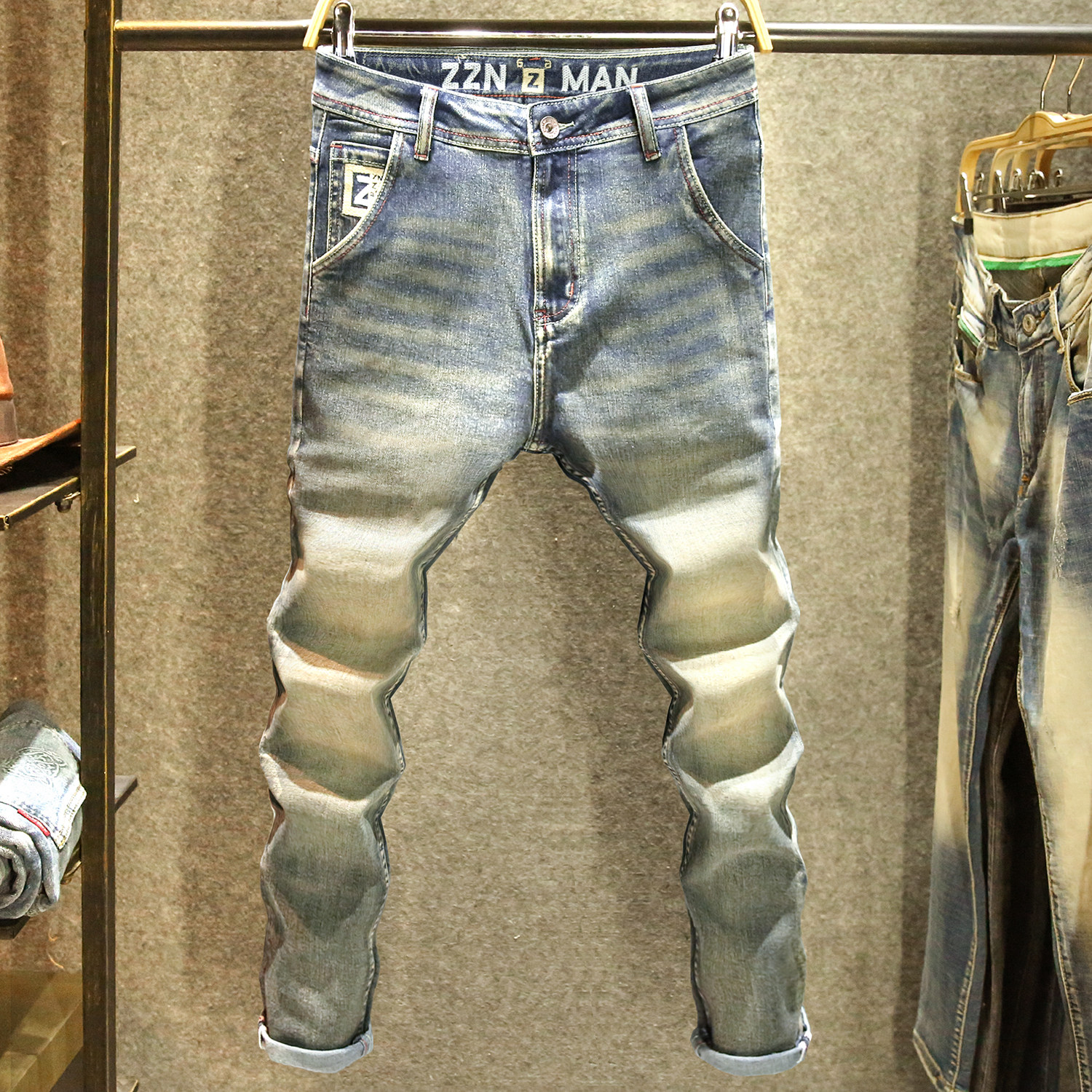 复古做旧秋冬款男士牛仔裤修身小直筒裤子潮牌美式怀旧百搭长裤厚