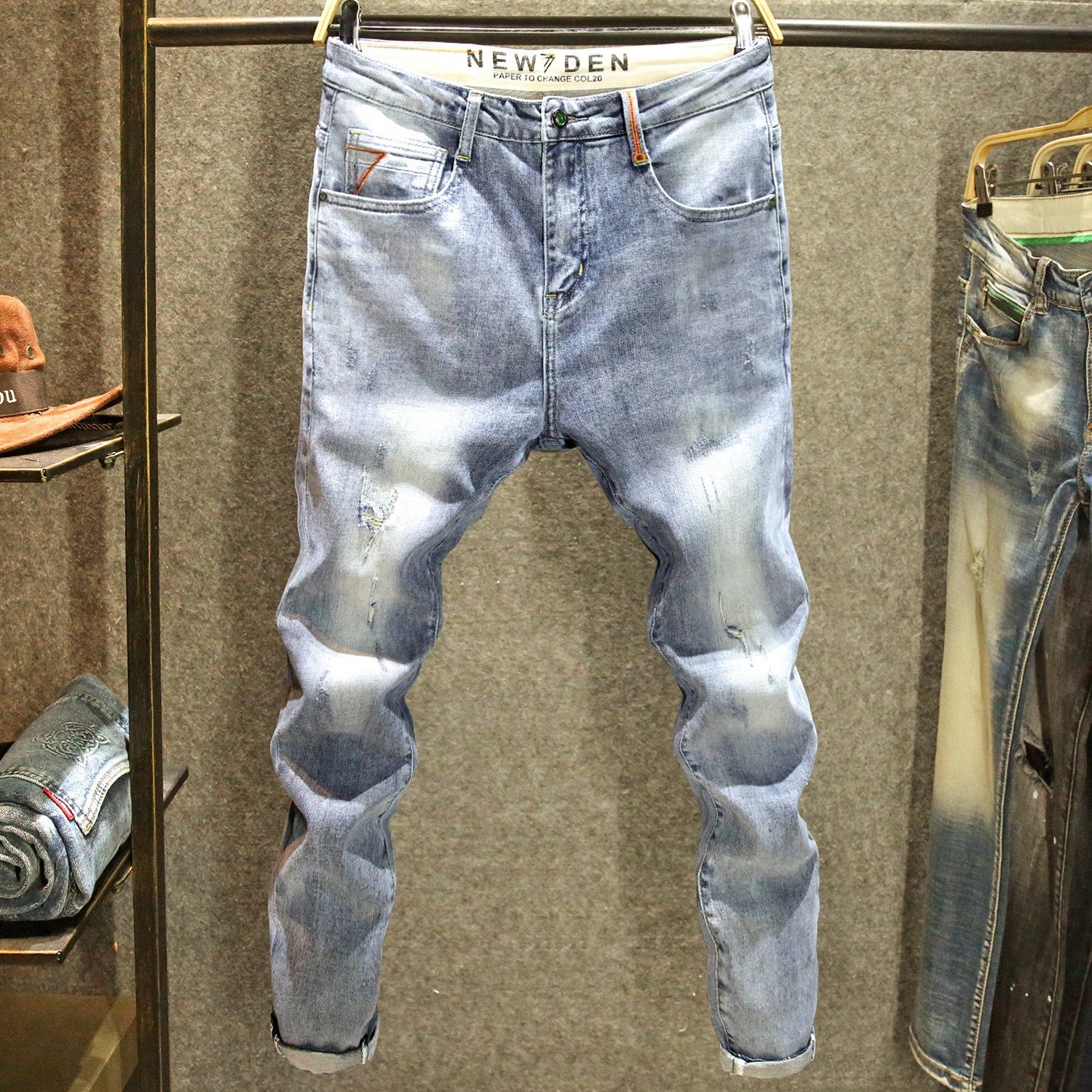 九分破洞牛仔裤男修身弹力小脚裤原创个性刺绣设计韩版潮流裤子男