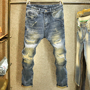 潮牌刮烂补丁牛仔裤男款秋季破洞直筒宽松长裤美式复古刺绣裤子男