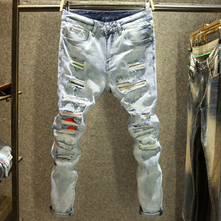 破洞刮烂补丁牛仔裤男时尚潮流修身小脚裤子潮牌痞帅炸街男乞丐裤