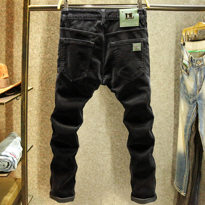 黑色休闲裤男修身直筒灯芯绒裤子