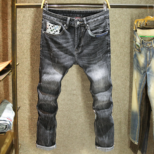 原创潮牌印花牛仔裤男款弹力修身小脚裤秋季黑灰色时尚刺绣长裤子