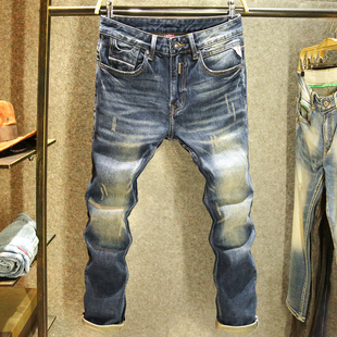 秋冬款牛仔裤男美式复古修身小直筒弹力裤子潮牌水洗耐磨休闲长裤