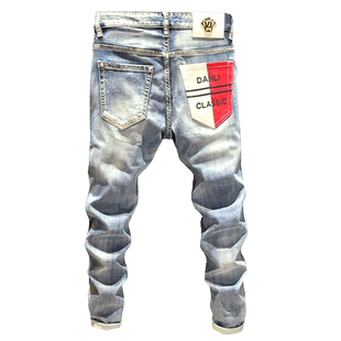潮牌磨白牛仔裤男修身弹力小脚裤时尚设计不规则撞色后袋春季新款