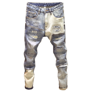 春秋季破洞补丁潮牌牛仔裤男拼接修身小脚裤时尚韩版高街乞丐裤子