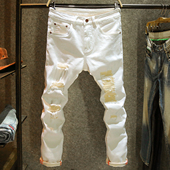 小脚裤 春秋新款 子高街潮流修身 男白色潮牌休闲弹力长裤 破洞牛仔裤