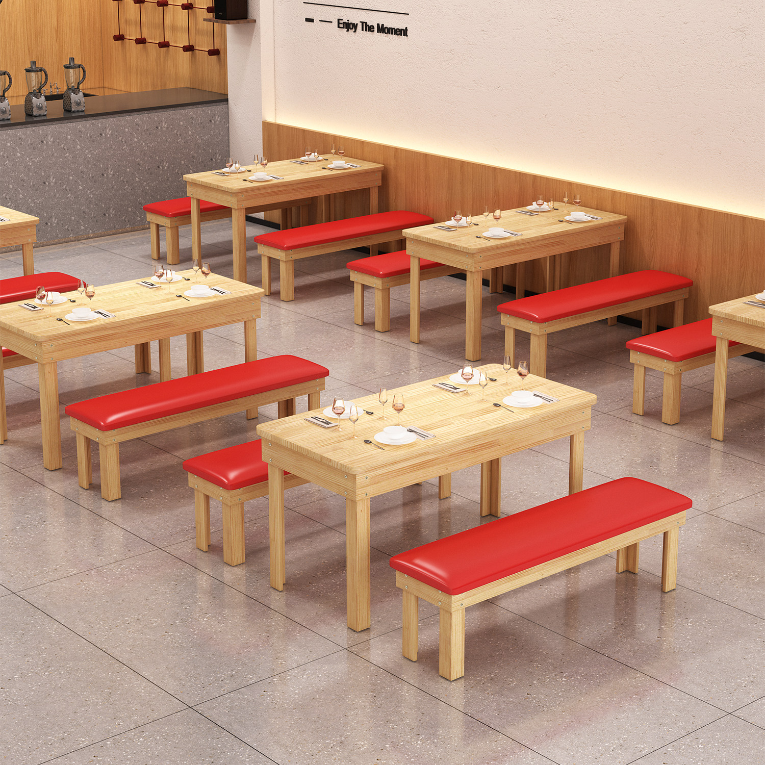实木软包凳子餐桌椅组合快餐店小吃烧烤火锅饭店早餐店食堂长桌子