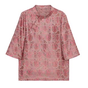 【佳恩】新中式蜀锦罗桑蚕丝立领七分袖奥黛气质休闲上衣C515161