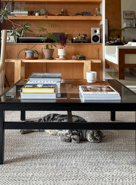 度仓大梦一场复中古风缅甸柚实木榫卯钢化玻璃方形极简咖啡桌茶几