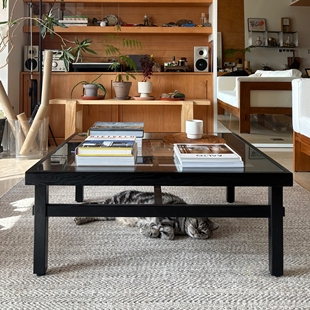 度仓大梦一场复中古风缅甸柚实木榫卯钢化玻璃方形极简咖啡桌茶几