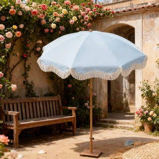 户外遮阳伞可转向沙滩太阳伞淡蓝色带流苏花园野外露营伞