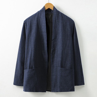 风衣茶服男宽松大码 短款 道服 复古对襟披风外套中国风亚麻开衫 秋季