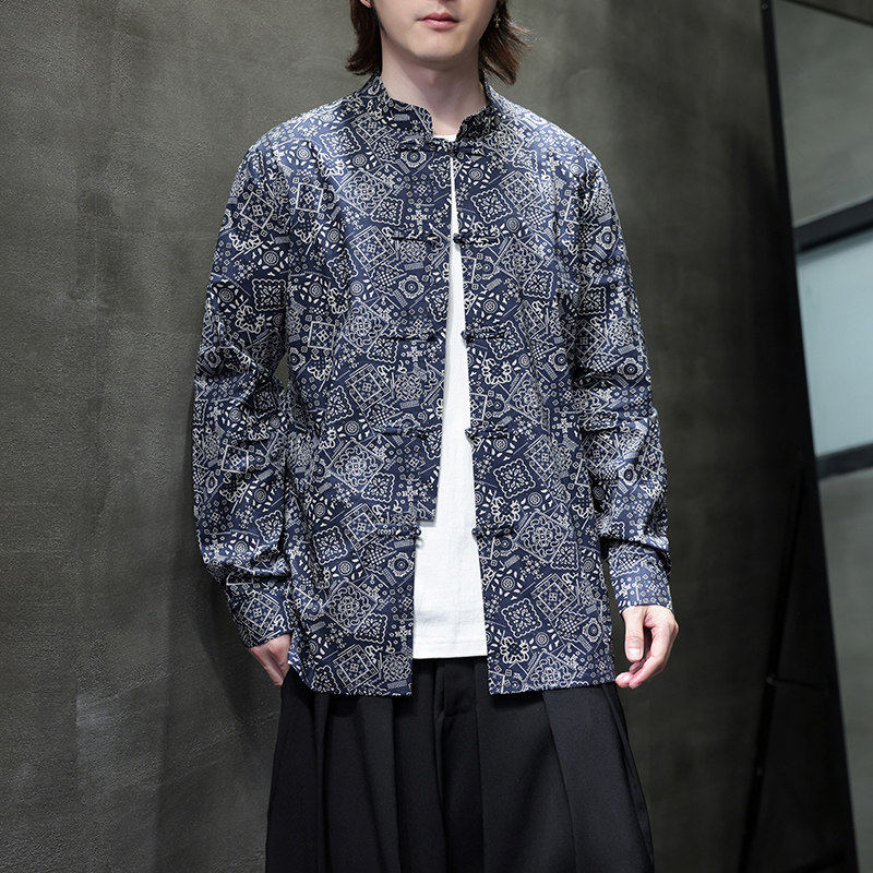 春秋中国风民族花长袖衬衫男百搭休闲棉中式立领盘扣汉服民族风,男装,汉服,淘宝优惠券,粉丝福利购,淘宝优惠卷