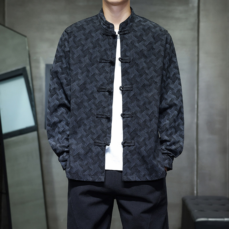 中国风新中式2025秋男款上衣盘扣印花灯芯绒长袖衬衫