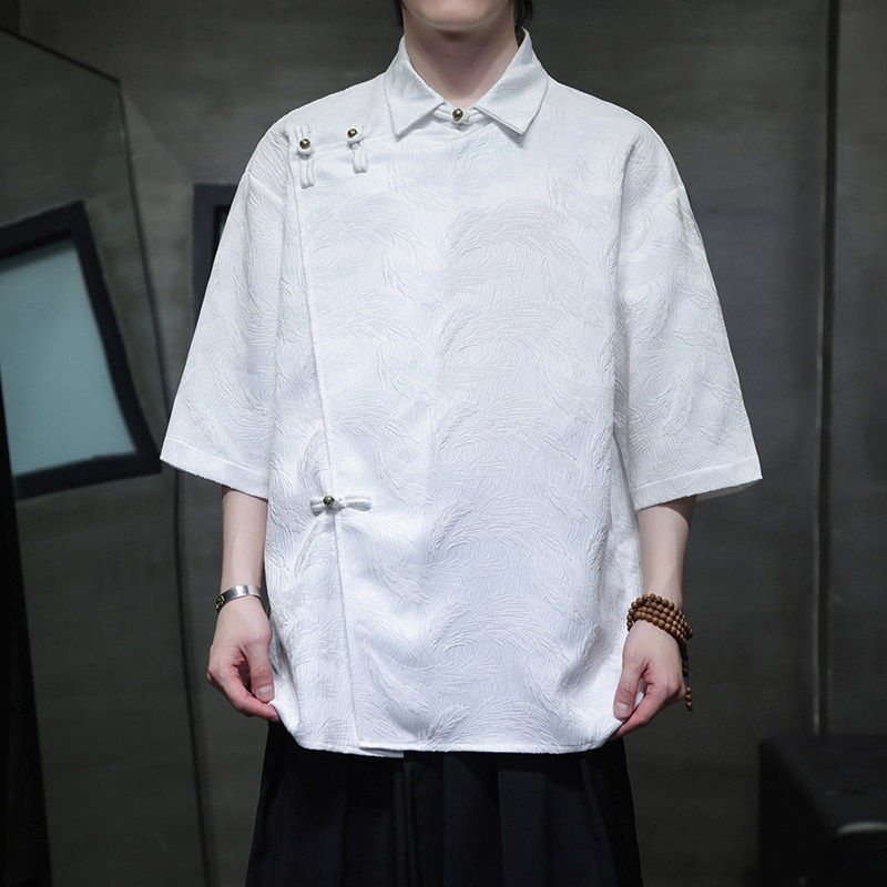 2025夏季中国风唐装中式短袖衬衫复古提花铜扣衬衣男,男装,汉服,淘宝优惠券,粉丝福利购,淘宝优惠卷