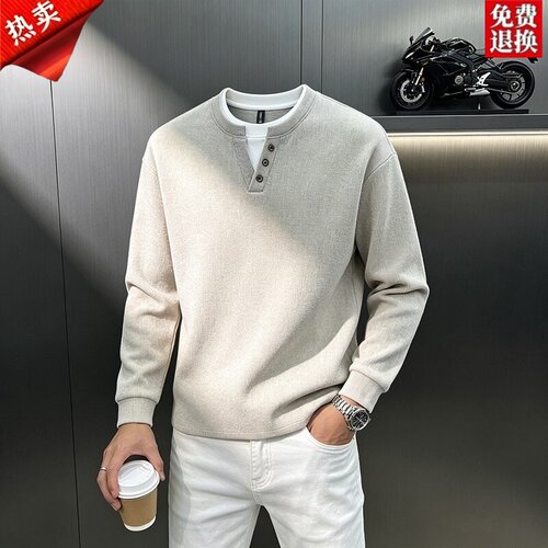 罗蒙男士春秋V领假两件针织卫衣
