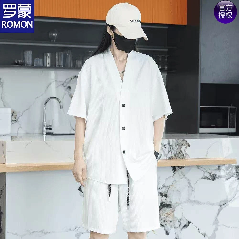 罗蒙2026男士夏季潮流套装高级V领短袖宽松短裤痞帅男装两件套薄
