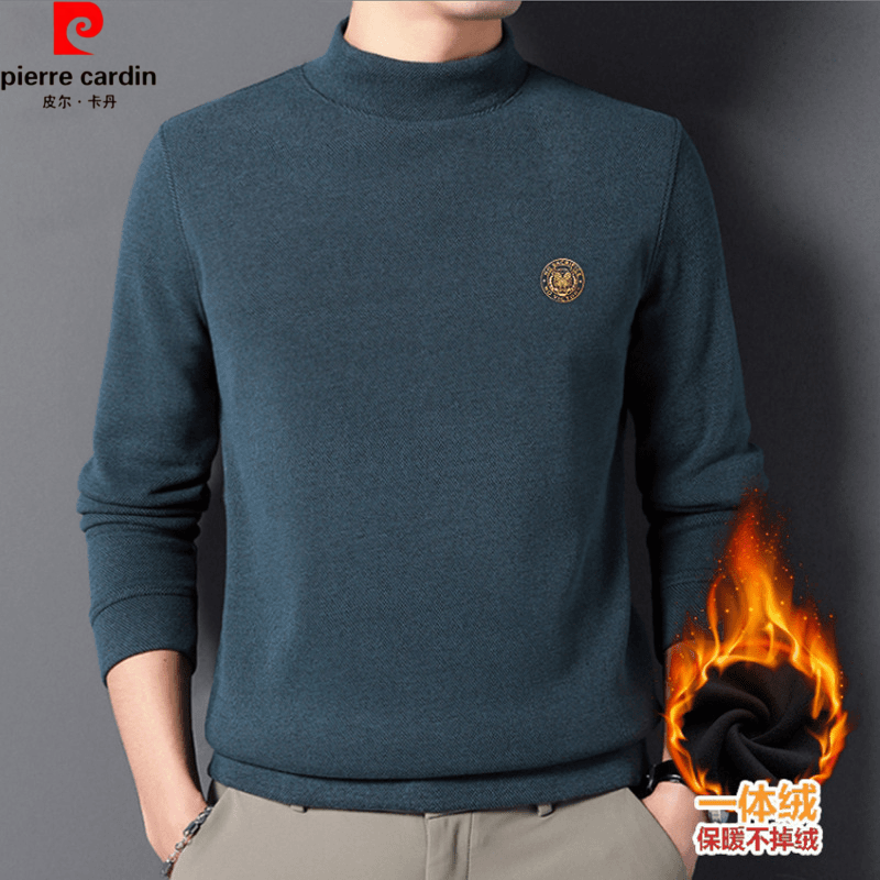 皮尔卡丹秋冬季男士德绒加绒加厚半高领保暖卫衣新款休闲纯色上衣