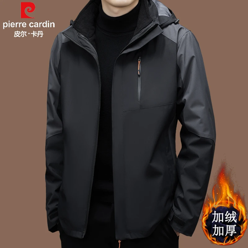 皮尔卡丹秋冬男士三合一运动冲锋衣中年加厚加绒连帽夹克上衣外套