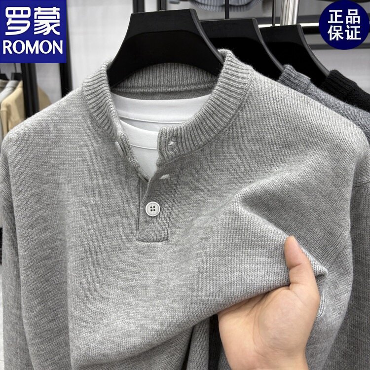 罗蒙男士秋冬圆领排扣休闲针织衫