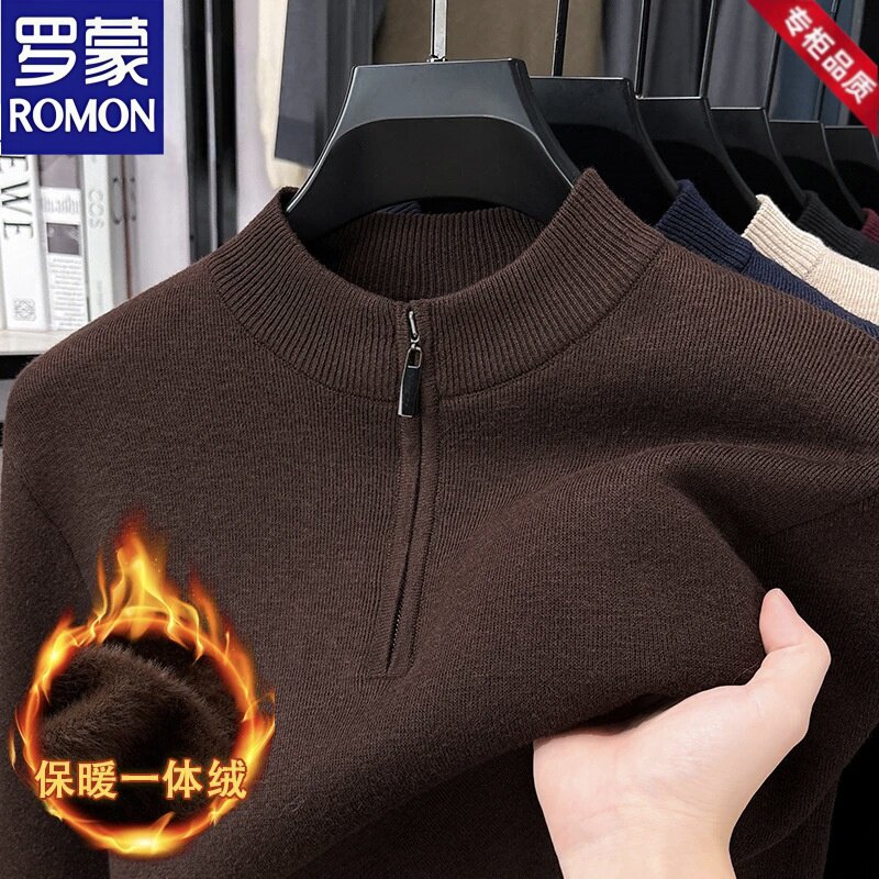罗蒙男士半高领拉链加绒针织毛衣