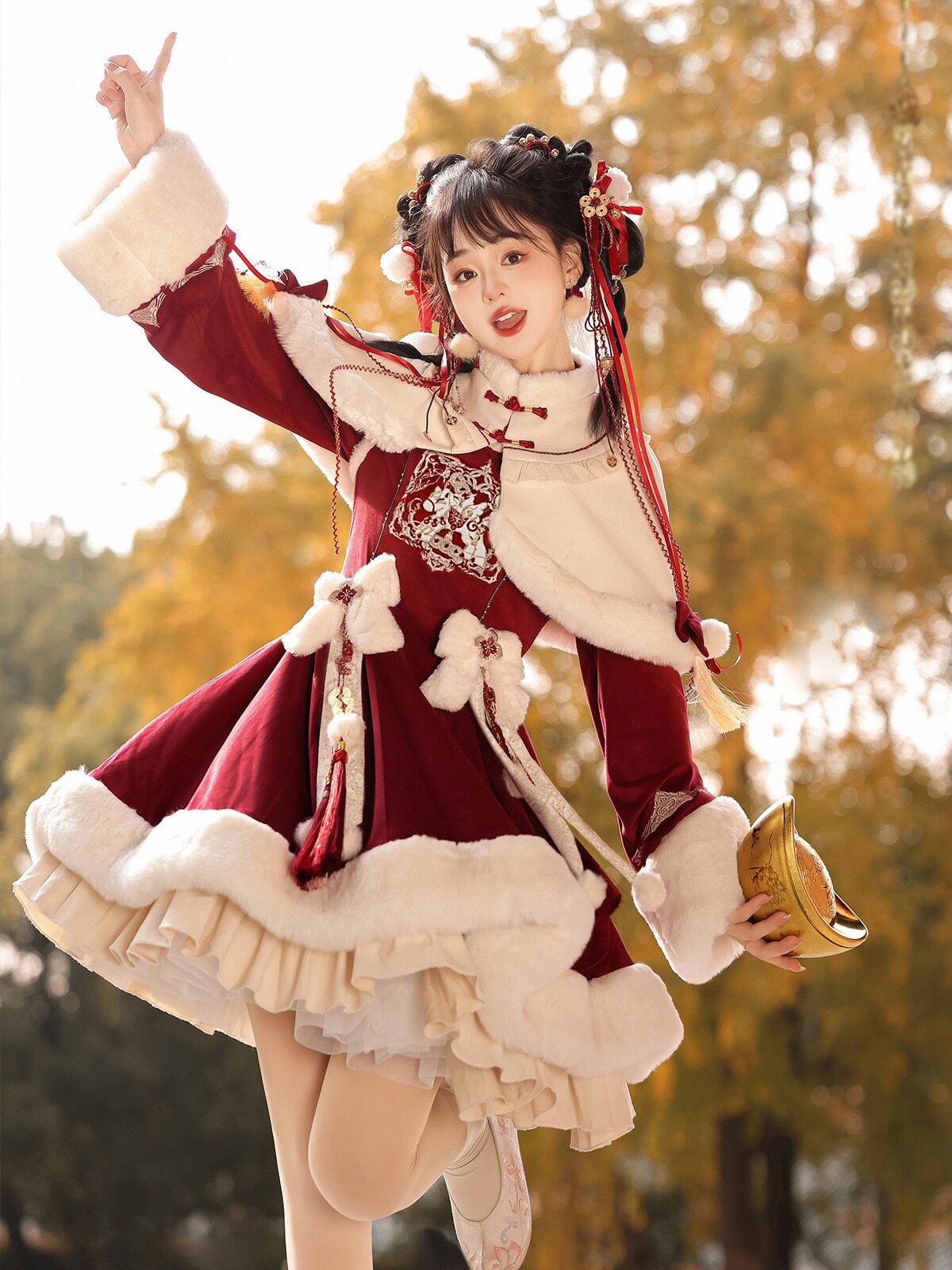 原创国牌福禄小马中华风lolita斗篷圣诞新年红拜年战袍连衣裙套装