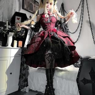 原创玫瑰皿哥特黑红提花jsk亚文化Lolita一字肩宫廷风连衣裙洋装