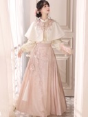 日常改良汉服粉色少女 新款 落樱吹雪斗篷披肩搭配马面裙套装 秋冬季