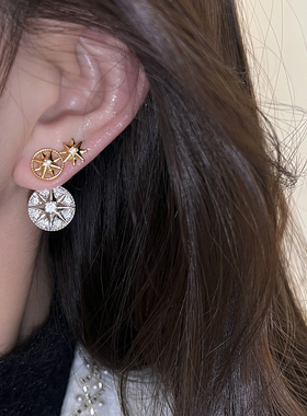 法式圆形八芒星耳环女高级感气质锆石耳钉纯银针耳饰2026新款爆款