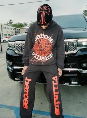 Young Thug 明星同款 Sp5der 555555 卫衣黑色红色发泡字母套装