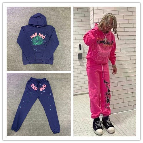 Young Thug明星同款 Sp5der 555555 蓝粉色套装男女Hoodie 卫衣套