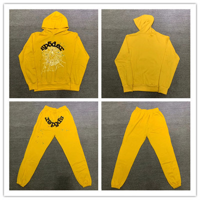 Young Thug 明星同款 Sp5der 555555 Yellow hoodie卫衣长裤橘黄