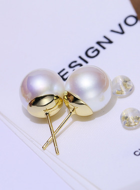 DIY配件 S925纯银珍珠耳钉耳针空托 9.5mm碗托大珠耳环银托11-14