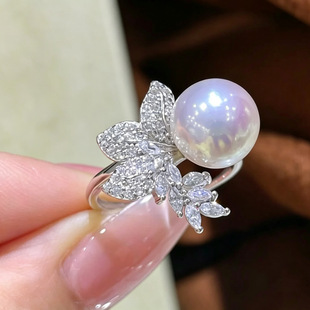 DIY配件S925纯银紫藤花珍珠戒指空托气质女款指环戒托半成品9-11