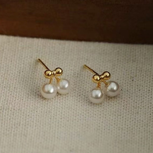 DIY配件S925纯银小巧珍珠耳钉空托配饰双珠耳环耳坠银饰半成品4-5