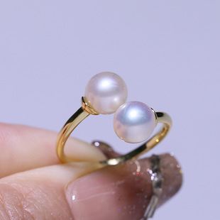 DIY配件 S925纯银珍珠戒指空托 经典双珠指环戒托半成品手工材料