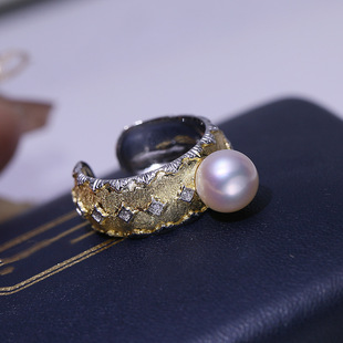 DIY配件 S925纯银珍珠戒指配件空托 精工双色指环戒托材料8-10mm