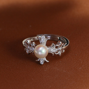 DIY配件 S925纯银珍珠戒指空托 欧美复古十字指环戒托指圈开口6-8