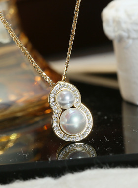 DIY配件 S925纯银福禄珍珠吊坠空托配饰 双珠葫芦项坠银托4mm6mm