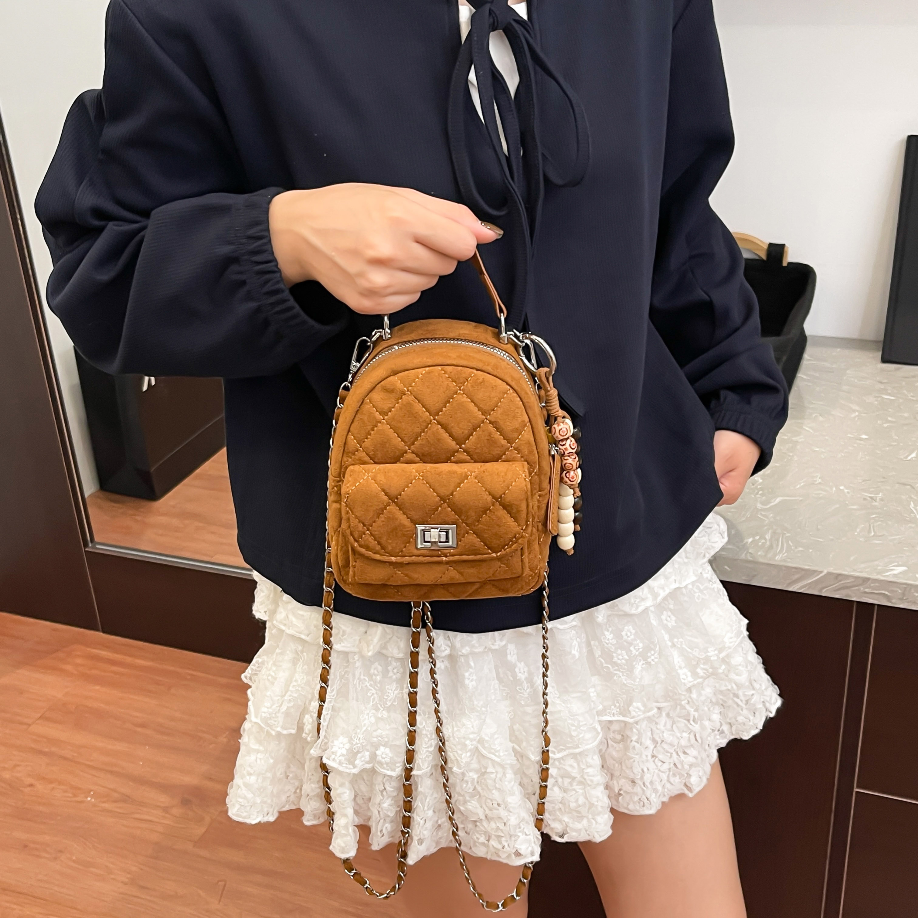 复古麂皮绒迷你菱格双肩包包女2025新款时尚高级感小香风链条背包