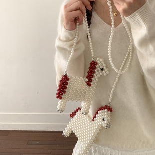 2026马年新款mini口红包串珠小马包女手工编织珍珠斜挎可爱小包包