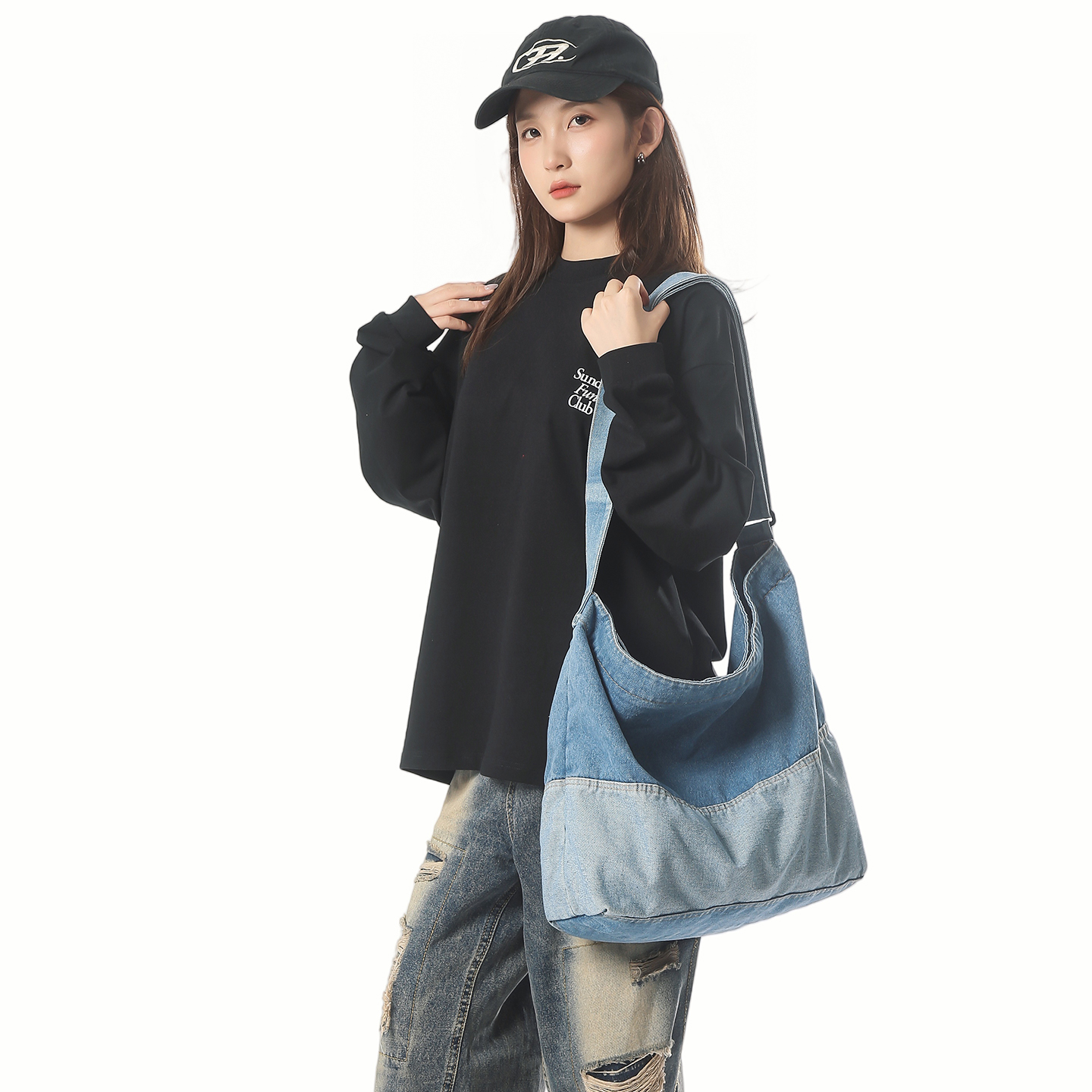 韩系渐变牛仔布包包女2025新款潮托特包上课大容量腋下包单肩大包