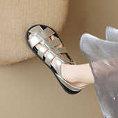 罗马凉鞋 女夏季 外穿孕妇软底银色包头猪笼鞋 真皮法式 平底大码 4143