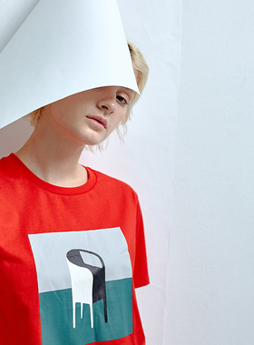 LOEN 插画师原创百搭休闲学生红色印花日系小众夏季短袖T恤 FUDGE