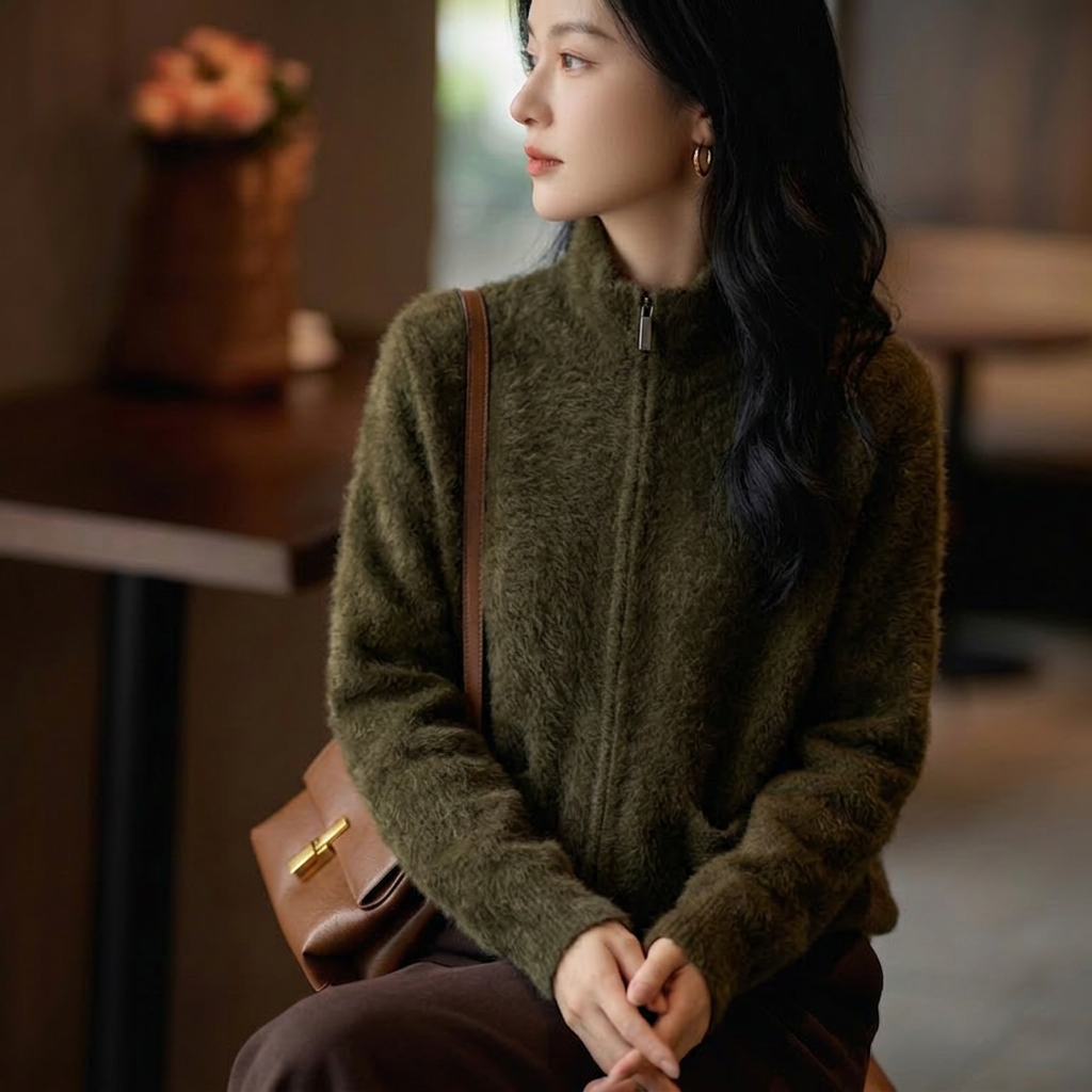 北美小动物系列~半高领双拉链开衫毛衣女宽松加厚外套